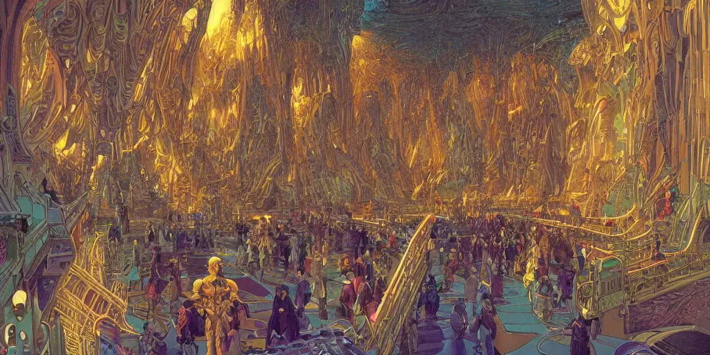 Image similar to a cinematic shot of the interior of a sci - fi space station with ornate elven architecture bustling with people by jean giraud moebius, crystalline, emerald, matte illustration by moebius