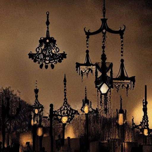 Prompt: floating antique intricate chandeliers art deco floating above graveyard at night, spooky, haunting, trending on artstation