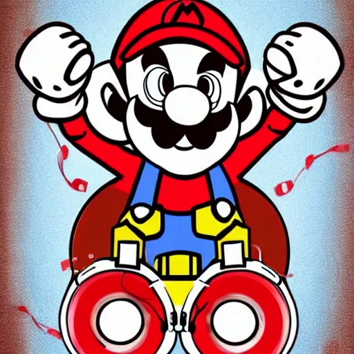 Image similar to svg sticker of a Pop-Wonder SuperMario, Mario-Wearing-a-red-hat, at a rave, spinning records, giant headphones rocking out, wearing headphones, huge speakers, dancing, rave, DJ, spinning records, digital art, amazing composition, rule-of-thirds, award-winning, trending on artstation, featured on deviantart