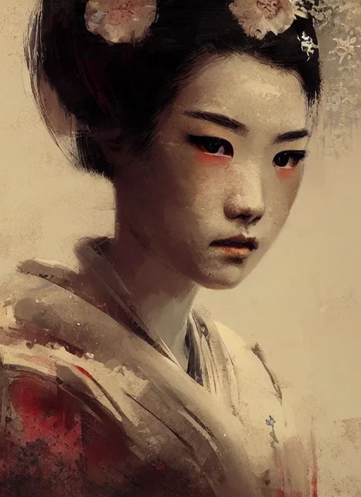 Image similar to female geisha girl, beautiful face, rule of thirds, intricate outfit, spotlight, by greg rutkowski, by jeremy mann, digital painting