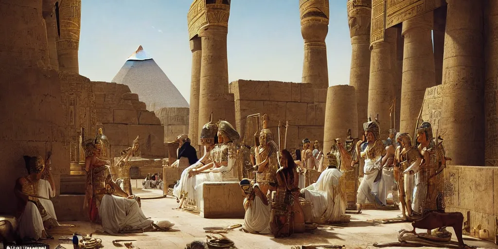 Prompt: Tutankhamun watching as the pyramids are being built in ancient egypt, sitting in a golden chariot, daytime painting by ludwig deutsch and rudolf ernst, lost civilizations, slaves in white robes, dramatic cinematic lighting, sharp focus, smooth, sharp focus, extremely detailed,