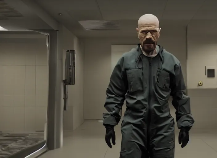 Image similar to film still of Walter White as Gordan Freeman wearing Black Mesa Jumpsuit in the Half Life Movie, 4k