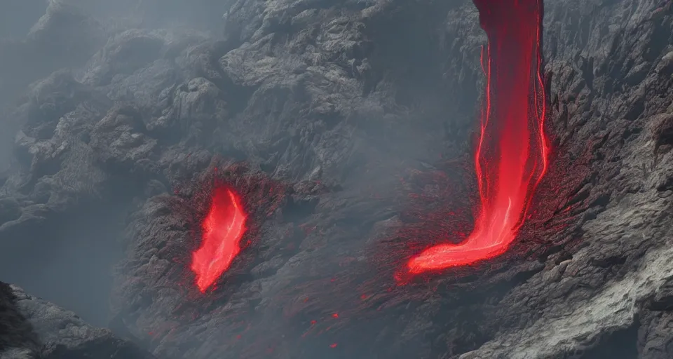 Image similar to a volcano made of ivory vines and crimson rocks enters in eruption, it spits a smoke in the shape of demonic eye, with Unreal Engine