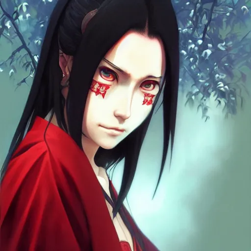 Image similar to itachi uchiha, red glowing eyes, intricate, elegant, highly detailed, digital painting, artstation, concept art, smooth, sharp focus, illustration, art by artgerm and greg rutkowski and alphonse mucha