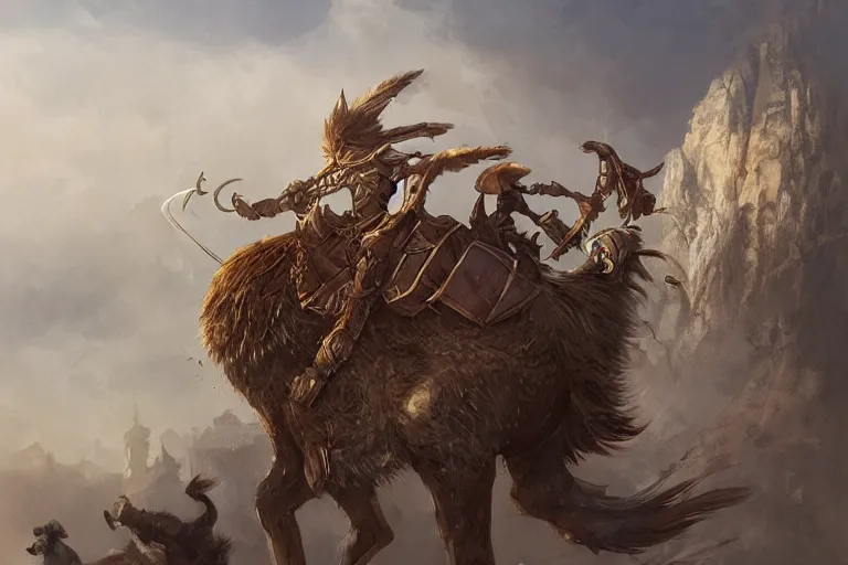 Prompt: dungeons and dragons fantasy painting, ostrich cavalry, whimsical and cute, determined expressions, watery eyes, anime inspired, brown fur, tufty whiskers, steel blades, dawn lighting, by brain froud jessica rossier and greg rutkowski