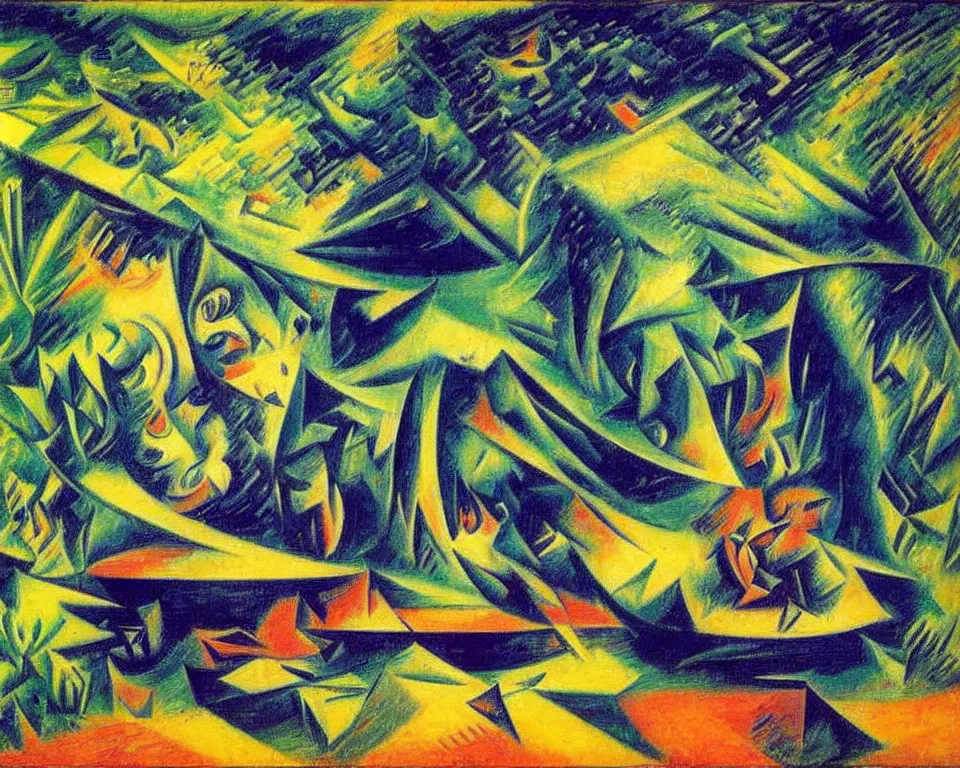 Prompt: abstract courtroom in the rainforest during a monsoon by umberto boccioni. detailed, proportional, romantic, enchanting, achingly beautiful, graphic print, trending on artstation, jungle, tropical, foliage