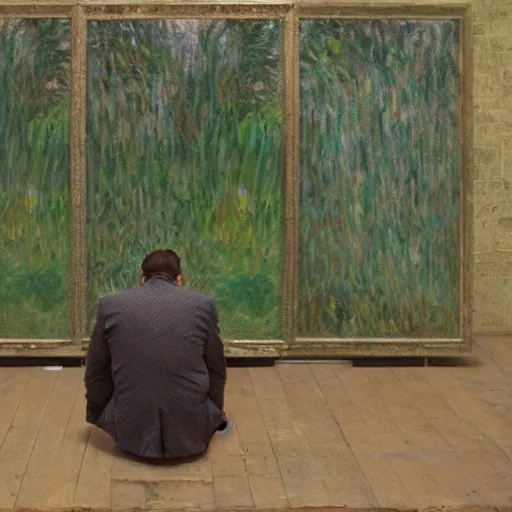 Prompt: an art director pondering his future, in despair, in the style of monet