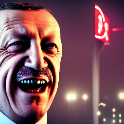 Prompt: erdogan laughing, lcgsociety, green lights in the foreground and a netflix sign in the background, dystopian art, by industrial light and magic, vfxfriday, 3 d render 8 k, detailed