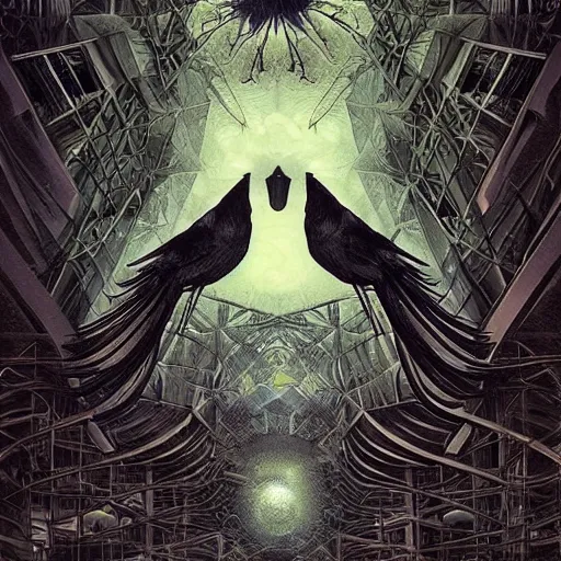 Image similar to crows at a architectural complex with an occult witch by Android Jones and M. C. Escher collaboration, futurist, digital art, dramatic lighting, symbolic