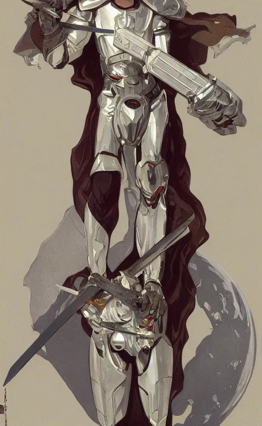 Image similar to a top view shot of a man in white futuristic armor, holding a white katana , alphonse mucha , greg rutowski, illustration, science fiction, concept art, digital painting, Trending on artstation