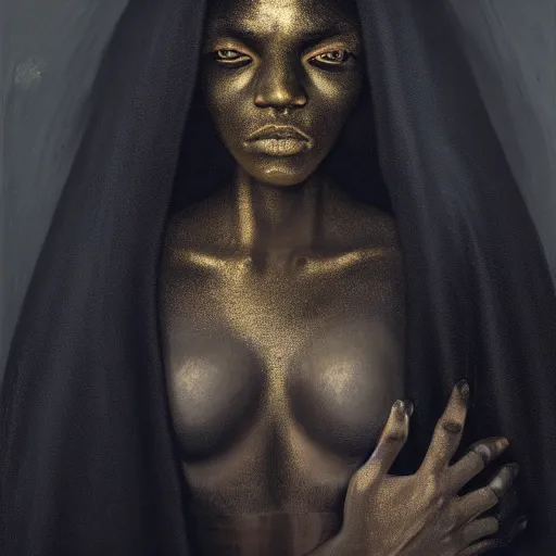 Image similar to a portrait of a young black woman wearing a long dark cloak, hood and shadows covering face, anatomically correct, beautiful perfect face, enigmatic, oil painting, matte painting, black background, Volumetric Golden dappled dynamic lighting, Highly Detailed, Cinematic Lighting, Unreal Engine, 8k, HD, by Beksinski