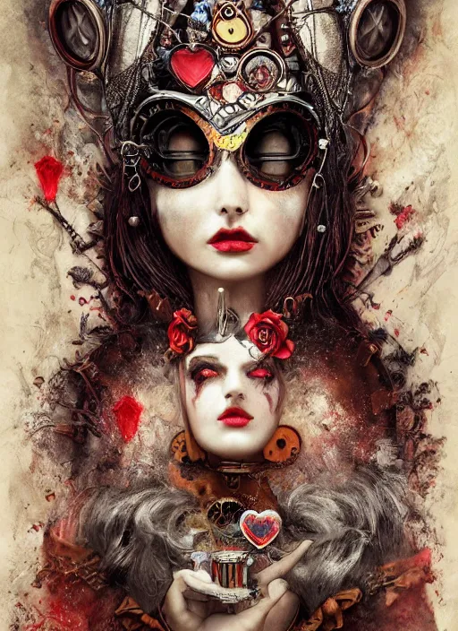 Image similar to queen of hearts, steampunk googles, highly detailed, cinematic, 8 k, by megan duncanson, benjamin lacombe, adrian borda, stanley artgermm, tom bagshaw, craig mullins, carne griffiths, ayami kojima, beksinski, giger, trending on deviantart, hyper detailed, horror, full of colour