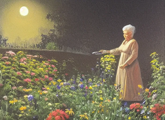 Image similar to oil painting by ralph maquarrie of an old lady tending to her garden at night, garden full of flowers