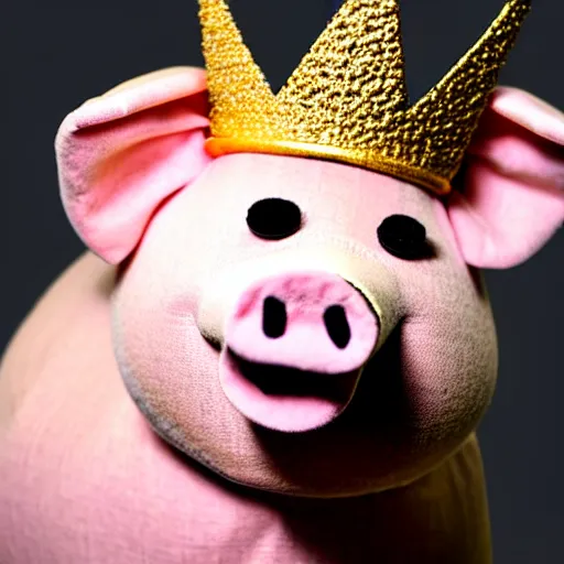 Image similar to studio photograph of a pig wearing a gold crown depicted as a muppet fighting stance