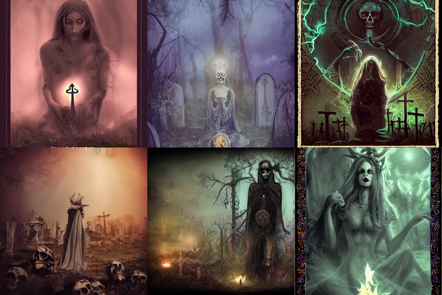 Prompt: tarot card art, a beautiful centered etheral ghost female facing camera in ruined cemetery by night, ultra intricate details, omnious style, volumetric light and fog, skulls