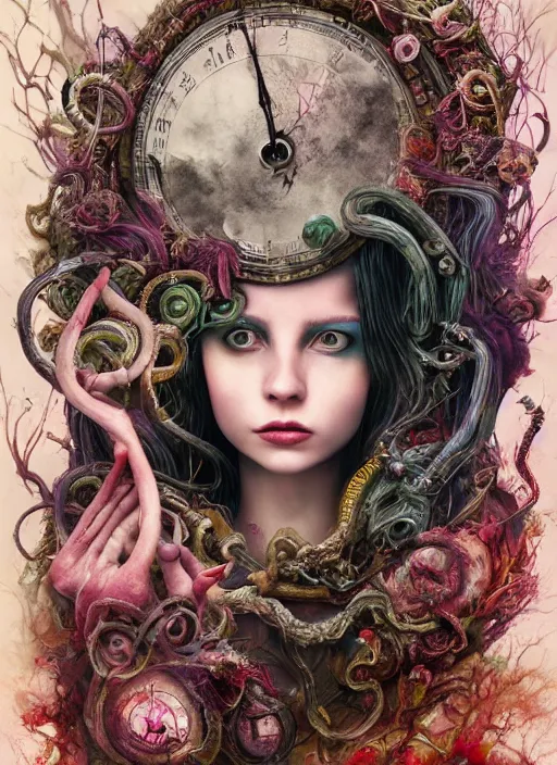 Image similar to alice in wonderland, medusa, highly detailed, cinematic, 8 k, by megan duncanson, benjamin lacombe, adrian borda, stanley artgermm, tom bagshaw, craig mullins, carne griffiths, ayami kojima, beksinski, giger, trending on deviantart, hyper detailed, horror, full of colour