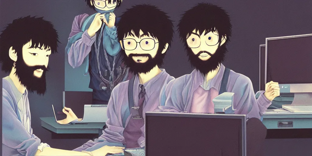 Image similar to programmer, man with beard, computer by hisashi eguchi, kentaro miura, and yoshitaka amano, soft colors, futuristic, 8 k