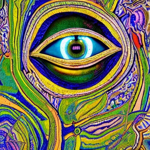 Prompt: A beautiful mixed mediart a large eye that is looking directly at the viewer. The eye is composed of a myriad of colors and patterns, and it is surrounded by smaller eyes. The smaller eyes appear to be in a state of hypnosis, and they are looking in different directions. lawn green by James C. Christensen casual, sad