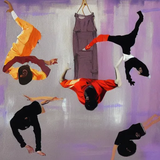 Image similar to painting of breakdancers in baggy 90s clothing in the style of michael carson