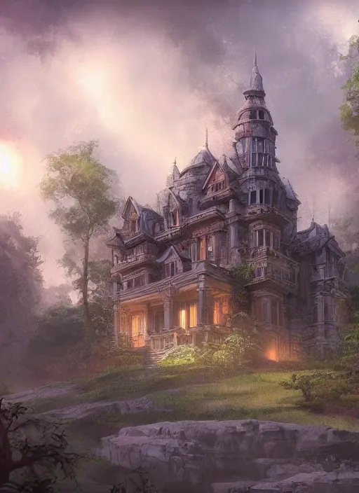 Prompt: digital painting of a mansion in the middle of a forest, 4 k, ross tran, james gurney, frank frazetta, skeeva, gal barkan, concept art