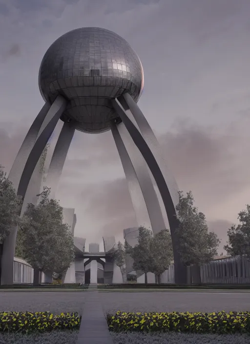 Image similar to highly detailed realistic architecture 3 d render of a futurisctic stele monument in the atomium brussels style standing near a highway, archdaily, made in unreal engine 4 octane render