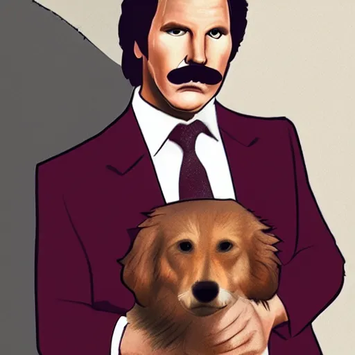 Prompt: sketch of ron burgundy holding his dog