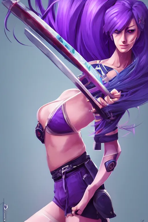 Image similar to beautiful female purple hair katana on back symmetrical face eyes full length fantasy art apex fortnite Video game icon, 2d game art gta5 cover , official fanart behance hd artstation by Jesper Ejsing, by RHADS, Makoto Shinkai and Lois van baarle, ilya kuvshinov, rossdraws