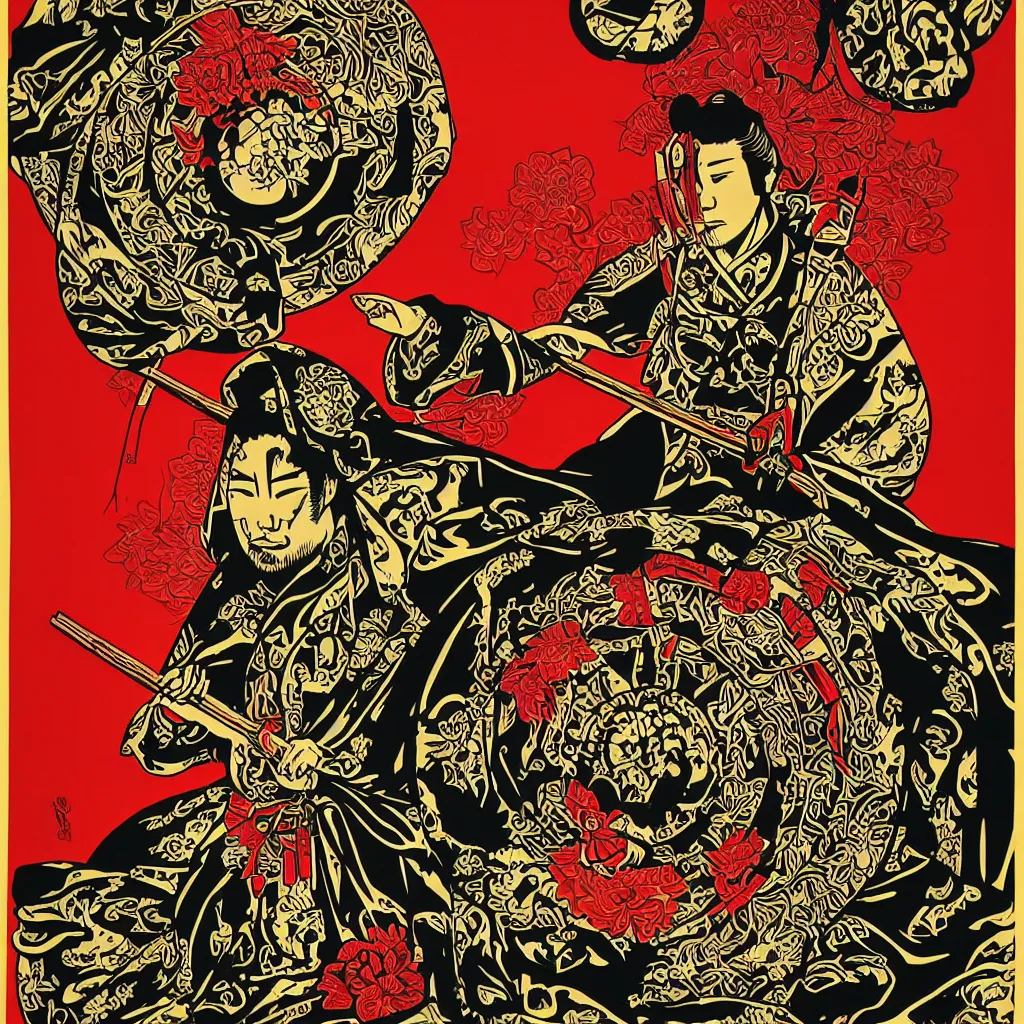 Image similar to poster of a beautiful meditating samurai by shepard fairey