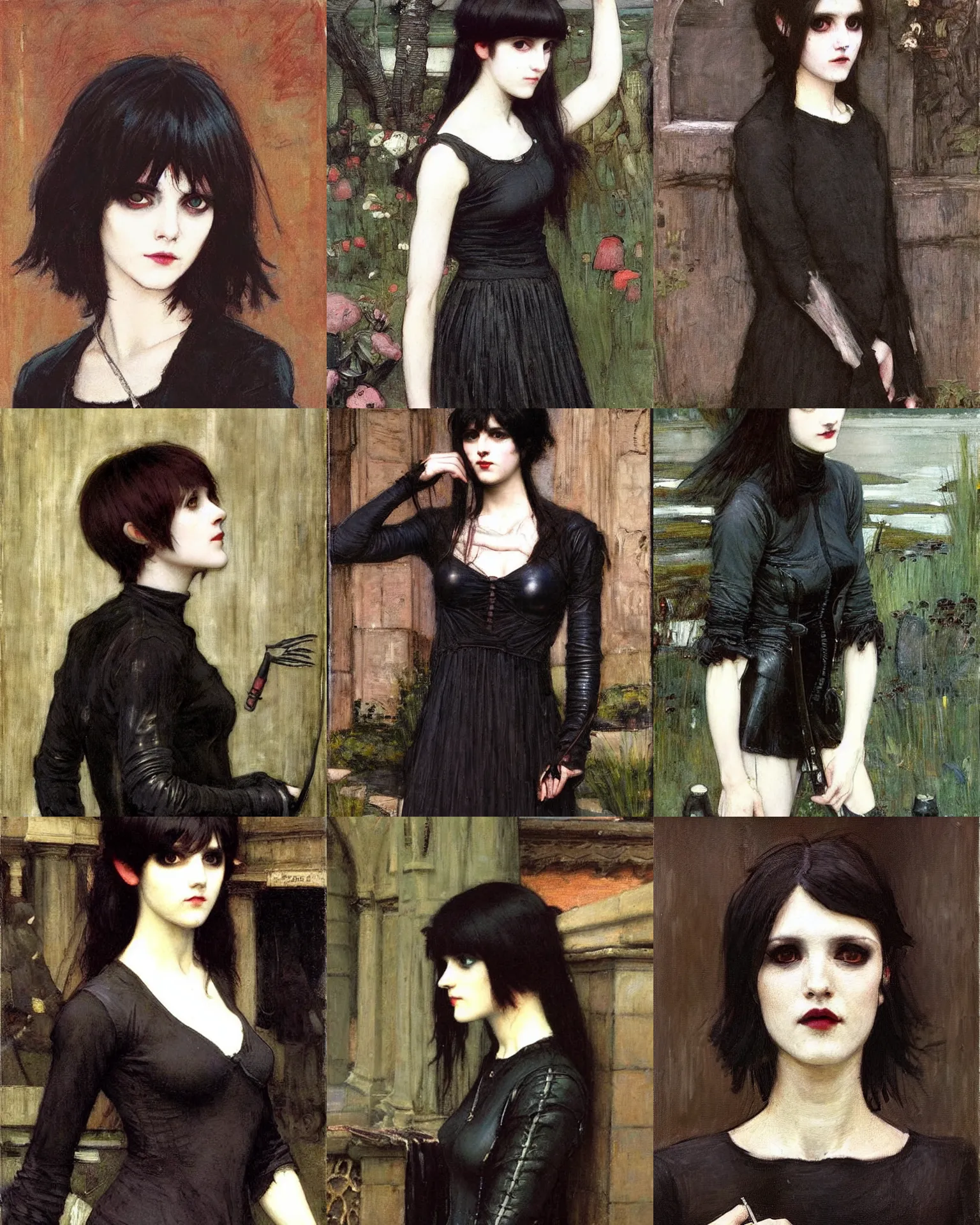 Prompt: A goth painted by John William Waterhouse. She has large evil eyes with entirely-black sclerae!!!!!! Her hair is dark brown and cut into a short, messy pixie cut. She has a slightly rounded face, with a pointed chin, and a small nose. She is wearing a black leather jacket, a black knee-length skirt, a black choker, and black leather boots.