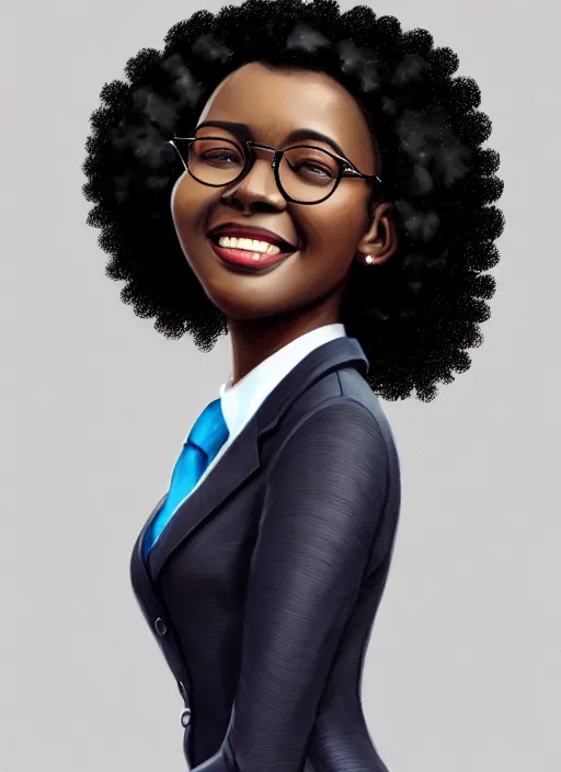 Image similar to full body portrait of young black woman with natural hair as a realtor, corporate skirt suit, intricate, beaming smile, angelic halo, highly detailed, digital painting, artstation, concept art, smooth, sharp focus, illustration, art by wlop, mars ravelo and greg rutkowski