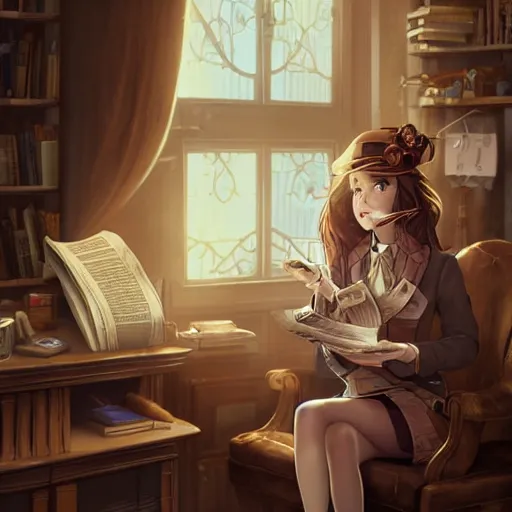 Image similar to a steampunk detective girl sitting in her office reading a newspaper | | cute - fine - face, pretty face, fine details by stanley artgerm lau, wlop, rossdraws, james jean, andrei riabovitchev, marc simonetti, and sakimichan, trending on artstation