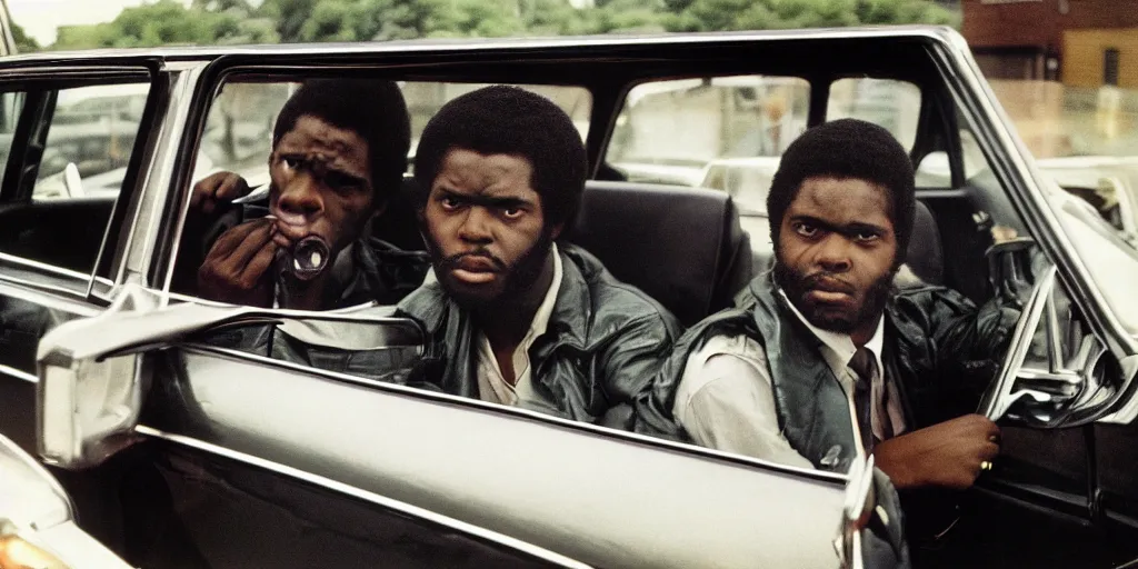 Image similar to bronx, black men sit in the 7 0 s car, holding a magnum, closeup, coloured film photography, bruce davidson photography