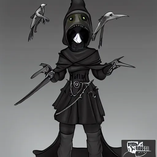 Image similar to female plague doctor donning a black hood, steel knightly armor and a white armored crow mask, trending on artstation