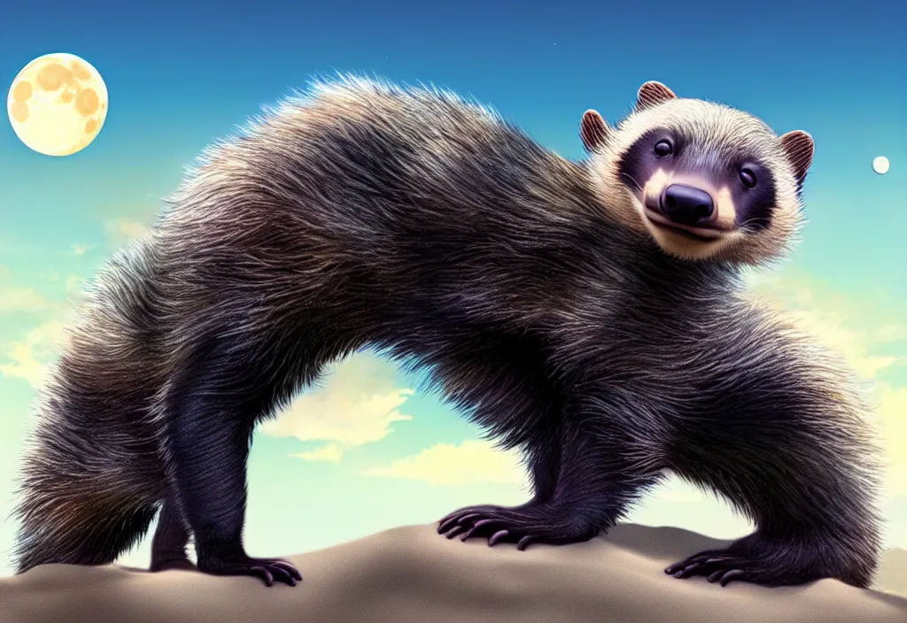 Image similar to cute honey badger at a beach looking at the moon, ultra realistic, concept art, highly detailed