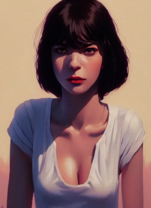 Image similar to a close up portrait film still of a depressed stunning instagram actress from a 1 9 7 0 s italian pulp fiction film looking up seriously at the camera lense. by stephen bliss, greg rutkowski, loish, rhads, makoto shinkai and lois van baarle, ilya kuvshinov, rossdraws, global illumination, ultra ornate detail