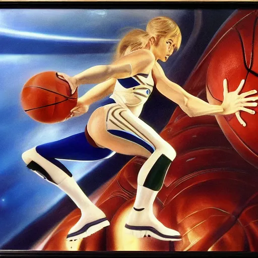 Prompt: samus aran from metroid playing basketball, extremely detailed masterpiece, roger deakin ’ s cinematography, oil on canvas, norman rockwell