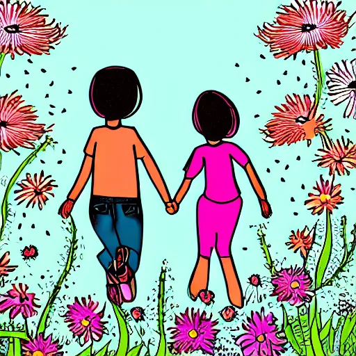 Prompt: illustration of two friends holding hands running down a flowery field