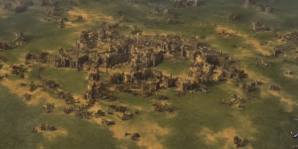 Prompt: air drone footage of rts map of the medieval empire, age of empire 3, kingdom of heaven, cinematic lighting, hyper detailed, hyper realism, rendered in octane, 8 k, rpg concept art