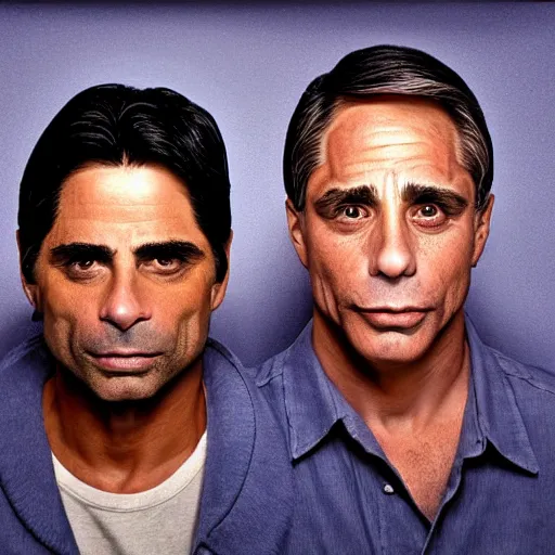 Image similar to john stamos and tony danza, focused, mugshots, photoshoot, sharp details, face photo, face details sharp, by donato giancola and greg rutkowski and wayne barlow and zdzisław beksinski, eyeballs, product photography, action figure, sofubi, studio lighting, colored gels, colored background,