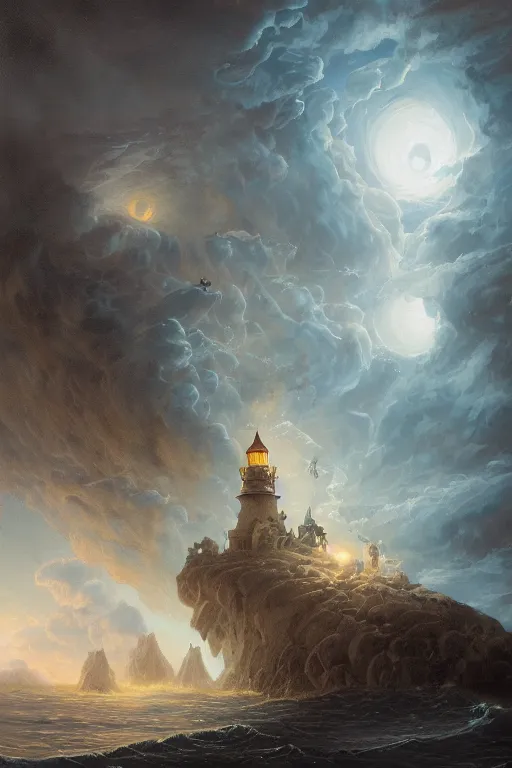 Prompt: Detailed Exterior Shot of Sinister Stormy Lighthouse of Alexandria, light of sin, moonlight shafts, flock of birds, epic atmosphere, in Style of Peter Mohrbacher, cinematic lighting