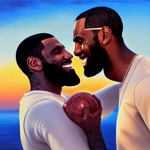 Image similar to beautiful serene intricate portrait of kyrie irving and lebron james taking a selfie, smiling softly, relaxing on the beach, golden hour, soft focus, 8 k, art by irakli nadar, hyperrealism, hyperdetailed, ultra realistic