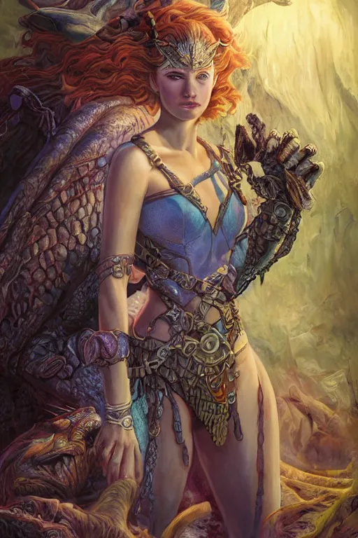 Image similar to A fantasy comic book style portrait painting of Ella Fanning as an Atlantean Reptilian Warrior, Mystical Valkyrie, unreal 5, DAZ, hyperrealistic, octane render, Regal, Refined, Detailed Digital Art, RPG portrait, Michael Cheval, Walt Disney (1937), François Boucher, Oil Painting, Steampunk, dynamic lighting, Highly Detailed, Cinematic Lighting, Unreal Engine, 8k, HD