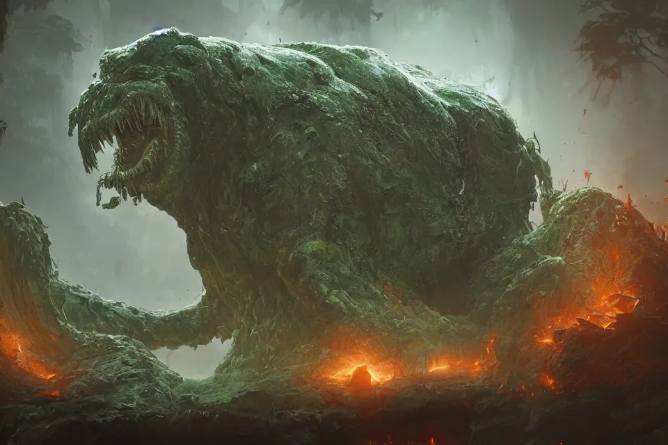 Prompt: huge jungle slime monster, apocalyptic goo creature, character art by Greg Rutkowski, 4k digital render