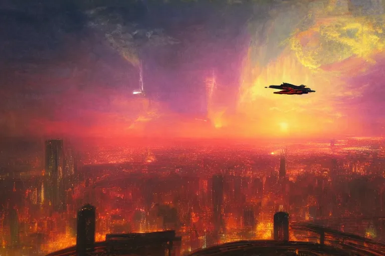 Prompt: Flying cars over Blade Runner City at sunset by Turner and Thomas Cole, neon lights, Impressionism, Romanticism, hyper detailed