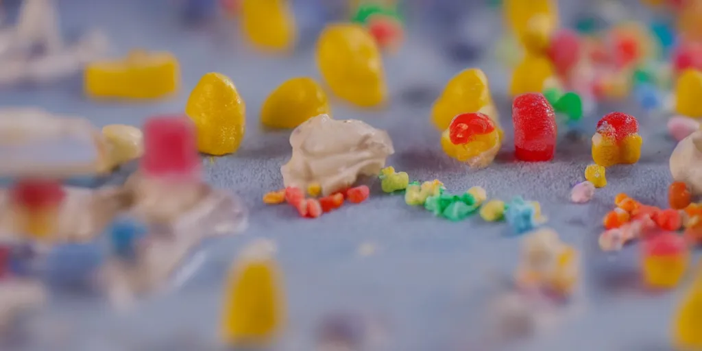 Image similar to a cinematic film still of a claymation stop motion film about a town made of lemons and candy, shallow depth of field, 8 0 mm, f 1. 8