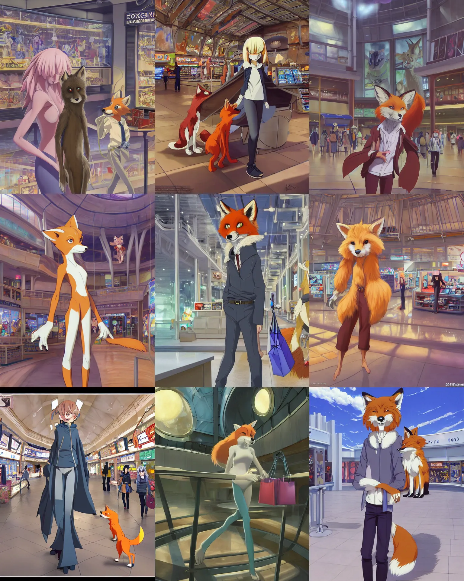 Image similar to anthro art commission of an anthropomorphic natural furry ( ( ( fox ) ) ) person shopping at a futuristic mall, photorealistic, detailed key anime art, makoto shinkai, james gurney, don bluth!!, disney!!, hibbary!!, dark natasha, goldenwolf, furaffinity, fursona, greg rutkowski