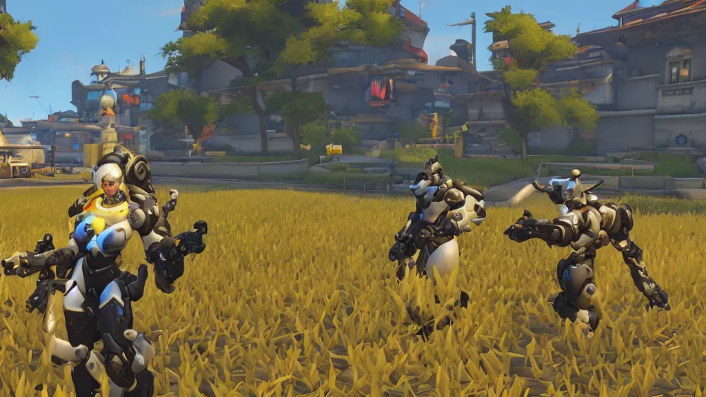 Image similar to Screenshot from Overwatch, at a countryside corn field