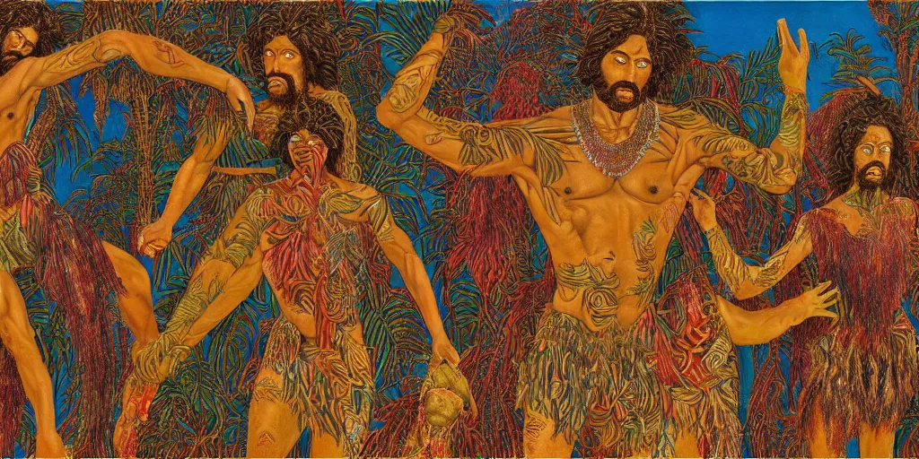 Prompt: an abstract tropical landscape, portrait of a hairy - chested dark - skinned greek god dancing. 2 4 mm, photorealistic, muted color scheme, directed by mati klarwein