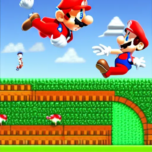 Prompt: mario jumping over birdo