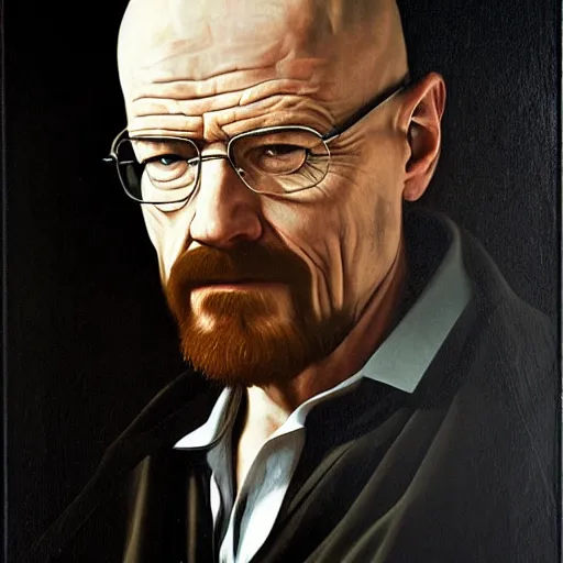 Image similar to walter white oil painting by caravaggio. baroque style. highly detailed.